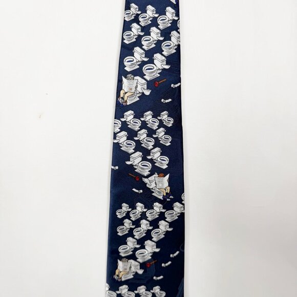 After Dark Men’s Neck Tie 3 3/4” Navy Blue Silk “Flying Toilets” Novelty Necktie - Picture 2 of 11